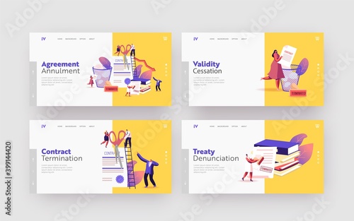 Terminated Contract Landing Page Template Set. Tiny Characters Tear Huge Document with Scattered Paper and Litter Bin