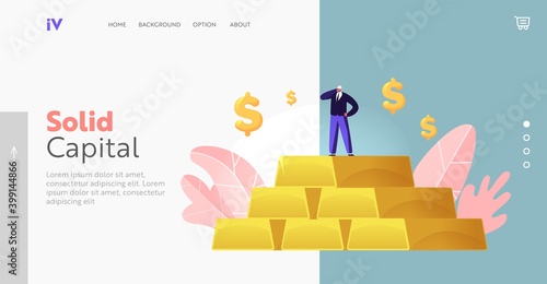 Gold Mining in Quarry Landing Page Template. Miner Character Wear Helmet Stand on Huge Pile of Golden Bars with Dollar