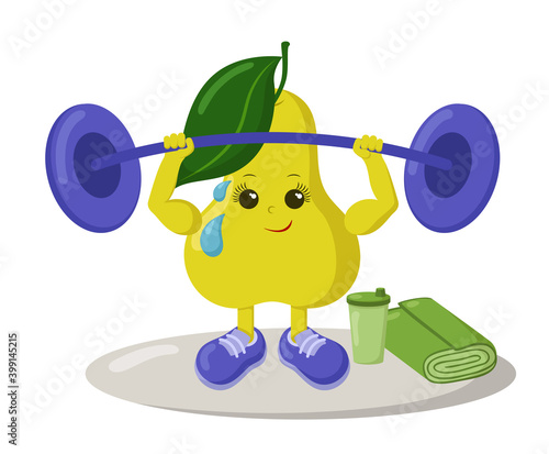 Cute strong pear athlete with sneakers, barbell, shake drink and towel. Colorful smiling kawaii fruit emoticon. Isolated sport training vector illustration. 