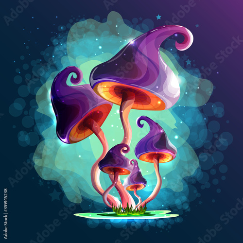 Mushrooms. Magic mushrooms in a fairy-tale fog and fireflies. On a dark background. A beautiful, mysterious sticker. Modern colors and lines.