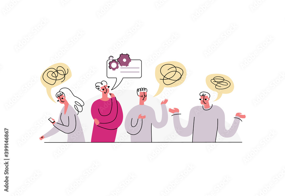 Vector illustration with concept of discussion, problem solving, brainstorming. People and colleagues are shown talking. In speech bubbles use metaphor delusion. One person offers constructive idea.