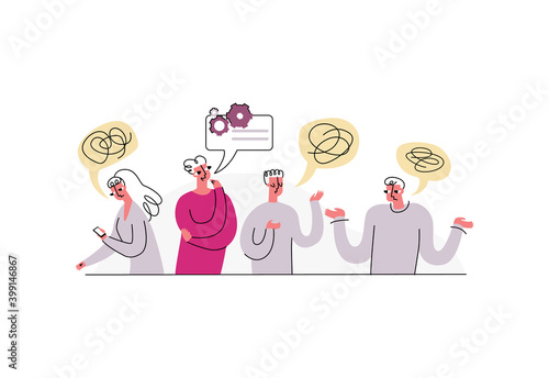 Vector illustration with concept of discussion, problem solving, brainstorming. People and colleagues are shown talking. In speech bubbles use metaphor delusion. One person offers constructive idea.