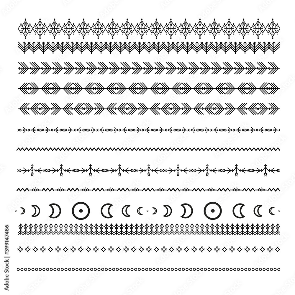 Black ethnic line ornaments. Tribal geometric design, aztec style, native americans texile. Vector elements for brushes, textures, patterns.