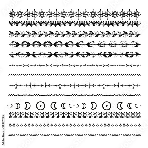 Black ethnic line ornaments. Tribal geometric design, aztec style, native americans texile. Vector elements for brushes, textures, patterns.