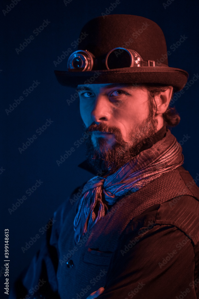 Steampunk. Character in hat with glasses