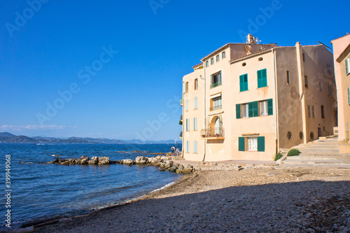 Saint Tropez, Old city view by the beach with colorful houses, Côte d'Azur, France, Europe