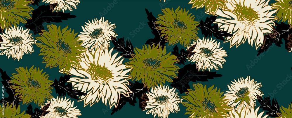 Trendy seamless pattern with silhouettes of flowers Chrysanthemum in full bloom. Freehand floral ornate vector in fashion color on tidewater green. Hand drawn elements for textile, fabric, wallpaper. Trendy seamless pattern with silhouettes of flowers Chrysanthemum in full bloom. Freehand floral ornate vector in fashion color on tidewater green. Hand drawn elements for textile, fabric, wallpaper.