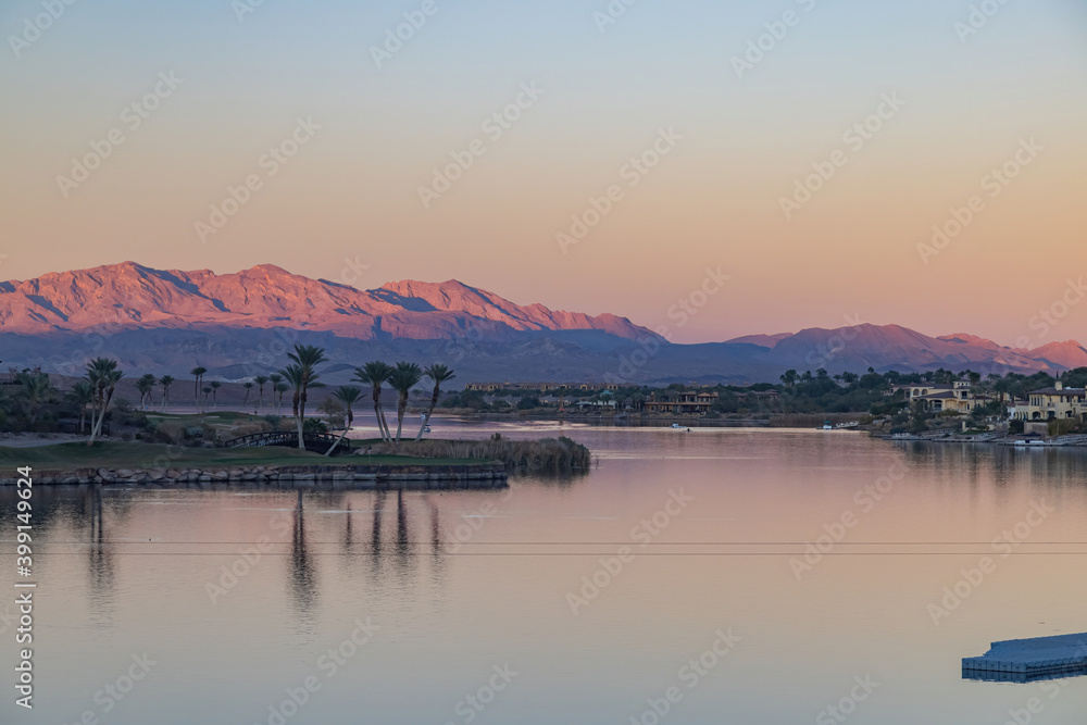 Sunset view of the beautiful landscape around Lake Las Vegas area