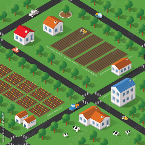 Isometric farm with houses, streets, and buildings