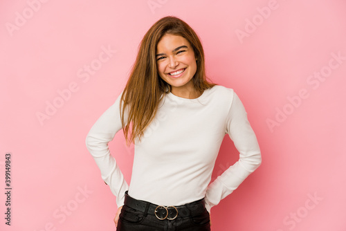 Young skinny caucasian teenager girl happy, smiling and cheerful.