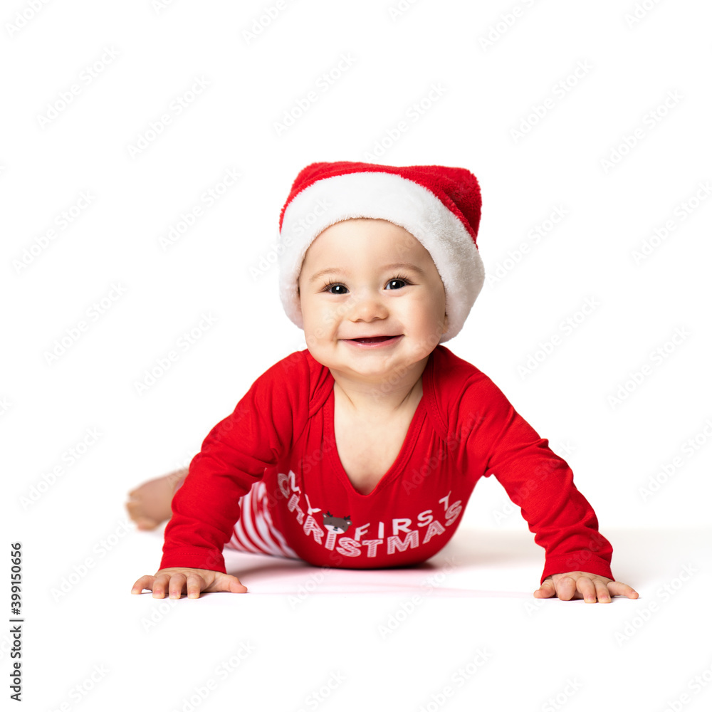 adorable little baby boy in a red christmas outfit isolated on white background adorable little baby boy in a red christmas outfit isolated on white background