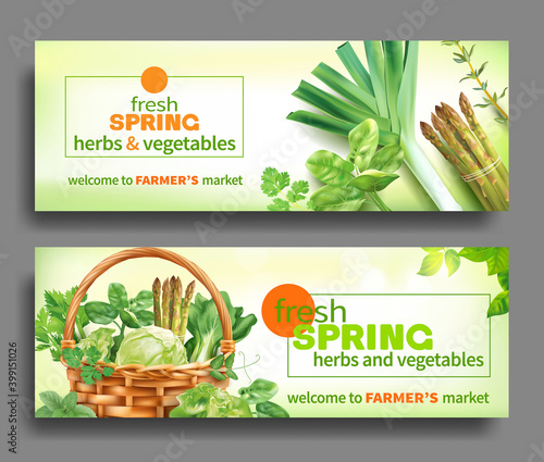 Promotional banners with green spring vegetables for farmer’s market. Vector set.