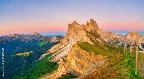 Seceda peaks at sunset. Trentino Alto Adige, Dolomites Alps, South Tyrol, Italy