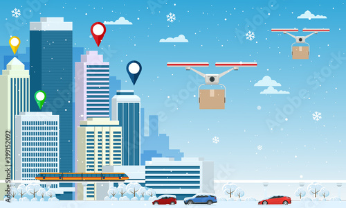 Drones with delivering Christmas gifts in the city and snow falling. Delivering by drones to home. Gifts in bright boxes. Winter city snowy downtown with skyscrapers business buildings photo