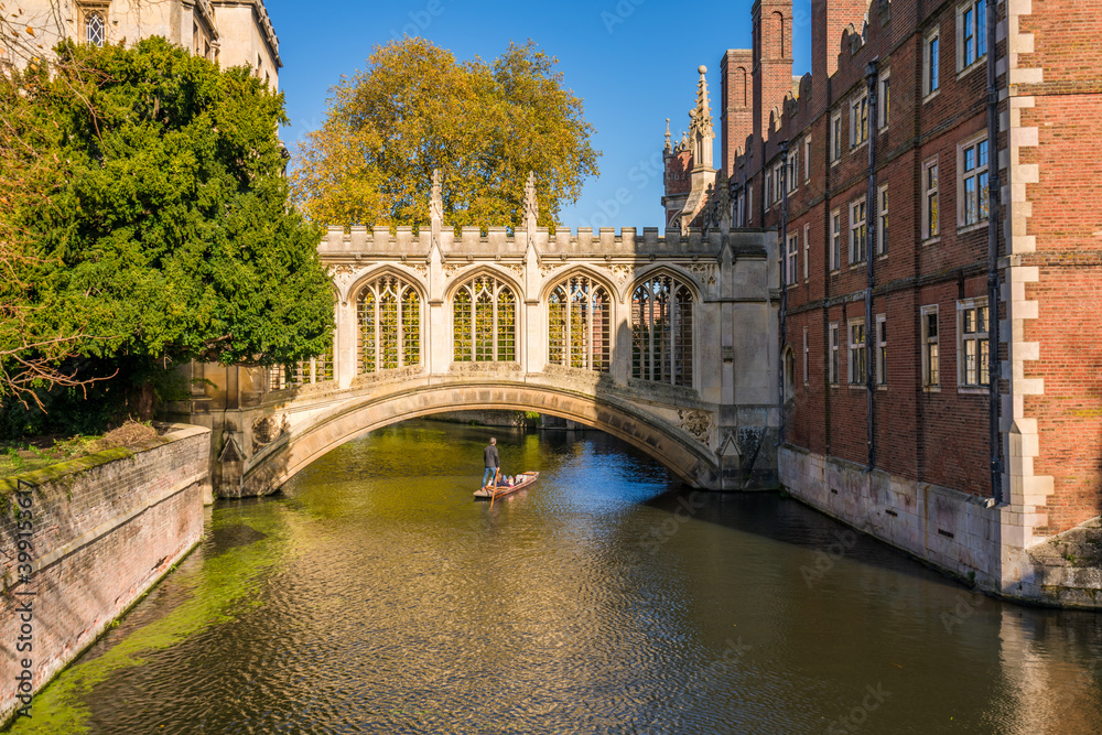 Bridge of sighs at sunny autumn day. Cambridge. England 