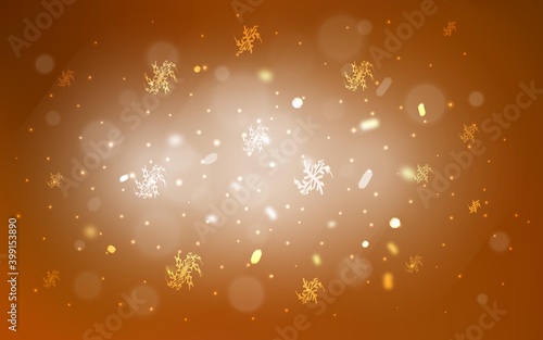 Light Orange vector background with xmas snowflakes. Snow on blurred abstract background with gradient. The pattern can be used for new year ad, booklets.