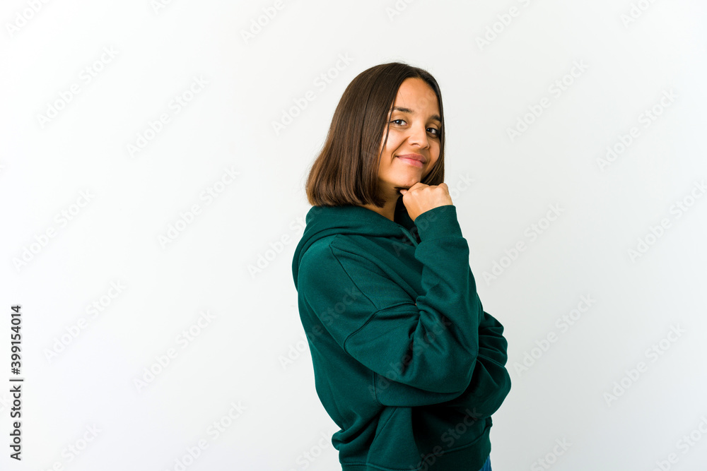 Young mixed race woman smiling happy and confident, touching chin with hand. Young mixed race woman smiling happy and confident, touching chin with hand.