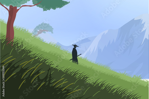 The samurai is coming down the hill. Beautiful landscape of hill, mountains, and trees. Warrior walking on the field. The way of the warrior, the silhouette of the ninja with katana. Vecrtor eps.