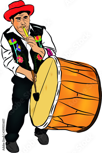 Hombre Andino tocando quena y bombo