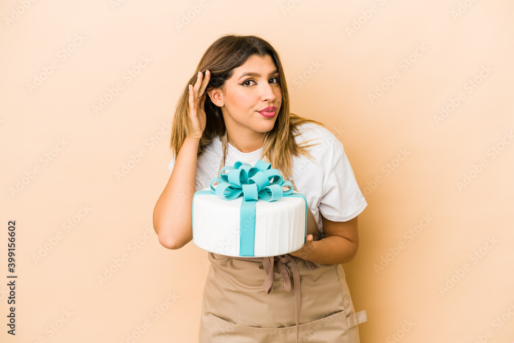 Young indian pastry chef woman isolated trying to listening a gossip. Young indian pastry chef woman isolated trying to listening a gossip.