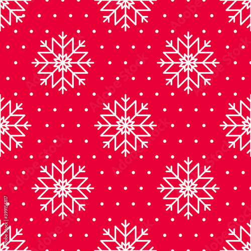 Cute winter background with white snowflakes and polka dot on a bright red background. For Christmas and New Year