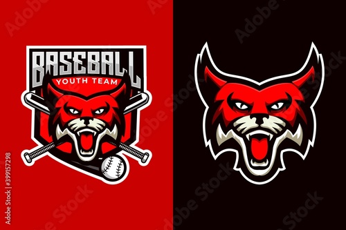 Wildcat mascot baseball logo design vector with modern illustration concept style for badge, emblem and t shirt printing. Angry Wildcat illustration for sport and e-sport team