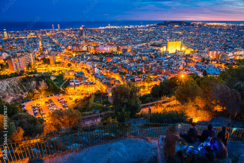 Aerial view of Barcelona at dusk. Spain