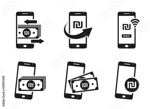 mobile money icon set. smartphone and israeli sheqel sign. mobile payment and money transfer symbols