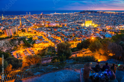 Aerial view of Barcelona at dusk. Spain