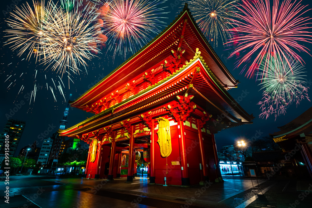 Fireworks near Sensoji-ji temple in Asakusa in Tokyo, Japan Fireworks near Sensoji-ji temple in Asakusa in Tokyo, Japan