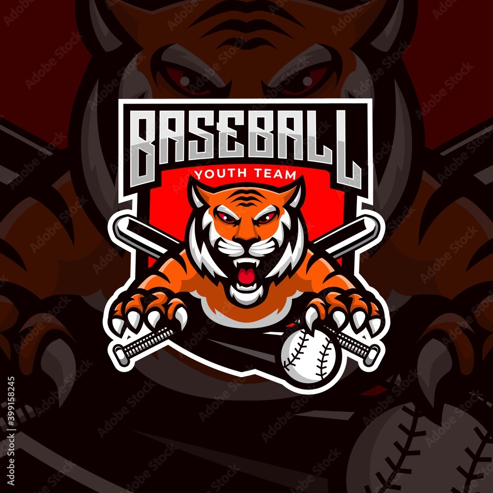 Tiger mascot baseball logo design vector with modern illustration concept style for badge, emblem and t shirt printing. Angry tiger illustration for sport and e-sport team