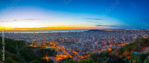 Skyline panorama of Barcelona at sunrise. Spain