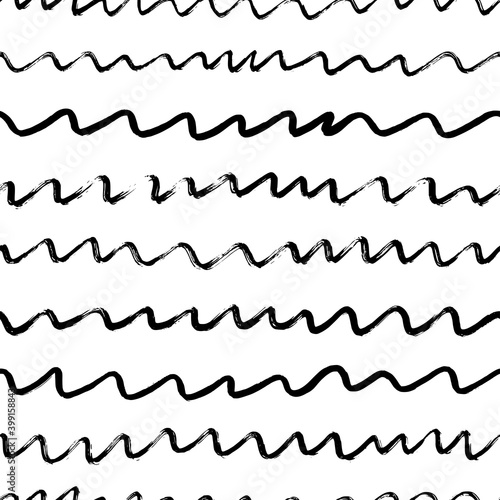 Wavy grunge brush strokes lines. Hand drawn vector seamless pattern. Horizontal curly brush strokes, swirled lines. Black paint geometric ornament for wrapping paper. Dry brushstrokes pattern.