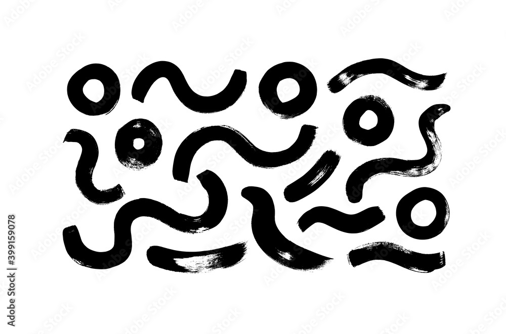 Black paint dry brush strokes vector illustrations set. Abstract monochrome acrylic swirl smudges, wavy lines and circles isolated on white background. Black ink textured lines and hand drawn daubs Black paint dry brush strokes vector illustrations set. Abstract monochrome acrylic swirl smudges, wavy lines and circles isolated on white background. Black ink textured lines and hand drawn daubs