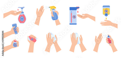 Coronavirus infographic, hands use spray sanitizer, wash soap, against covid virus cartoon set. Coronavirus flat disinfection sanitizer bottles, antiseptic gel collection. Isolated vector illustration