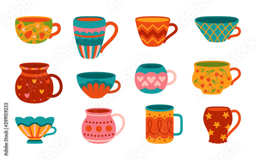 Cup with tea or coffee cartoon style set. Flat modern colored design collection. Decorated different ornaments. Hand drawn cute trendy crockery, handle drinking drink. Isolated vector illustration