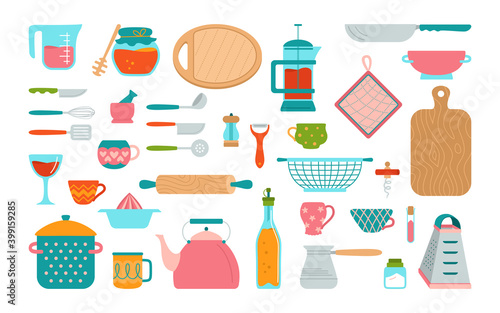 Kitchenware and utensils cartoon set. Modern kitchen tool flat cooking dishes, equipments. Dishes cup, tack teapot grater. Hand drawn utensils collection objects. Food preparation. Vector illustration