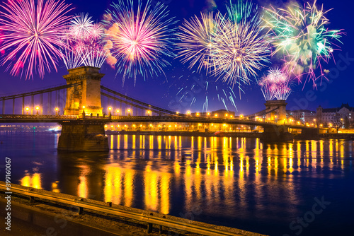 Fireworks near Chain Bridge in Budapest, New Year Eve celebration