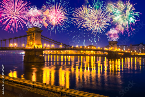 Photography Fireworks near Chain Bridge in Budapest, New Year Eve celebration