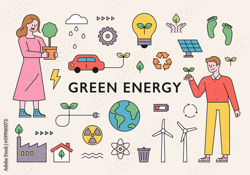 Green energy icons and people to protect the planet. flat design style minimal vector illustration.