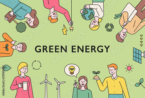 Green energy lifestyle. People are holding environmental protection items. Web banner style configuration. flat design style minimal vector illustration.