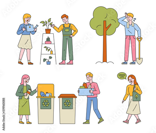 A lifestyle that protects the environment. People who grow plants, separate garbage, and use cloth bags. flat design style minimal vector illustration.