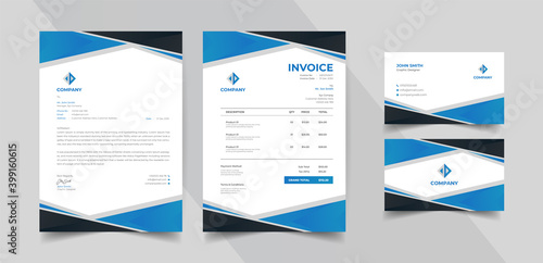 Modern stationery pack with blue and black shapes template. Vector design business card letterhead and invoice