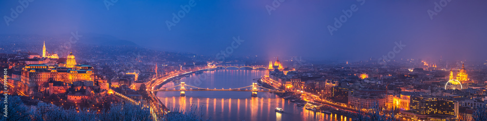 Panorama of Budapest at blue hour. Hungary