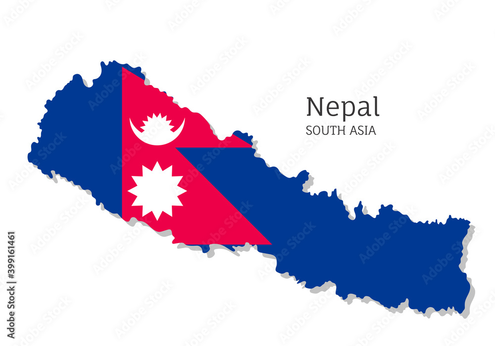Fototapeta premium Map of Nepal with national flag. Highly detailed editable map of Nepal, South Asia country territory borders. Political or geographical design element vector illustration on white background