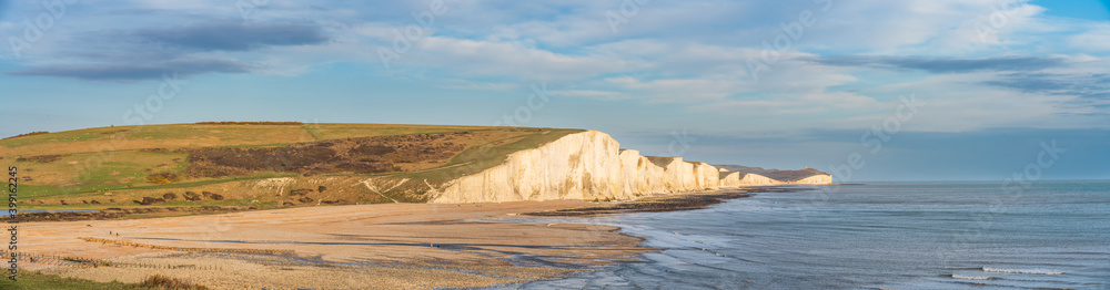 Seven Sisters white cliffs panorama in East Sussex. England