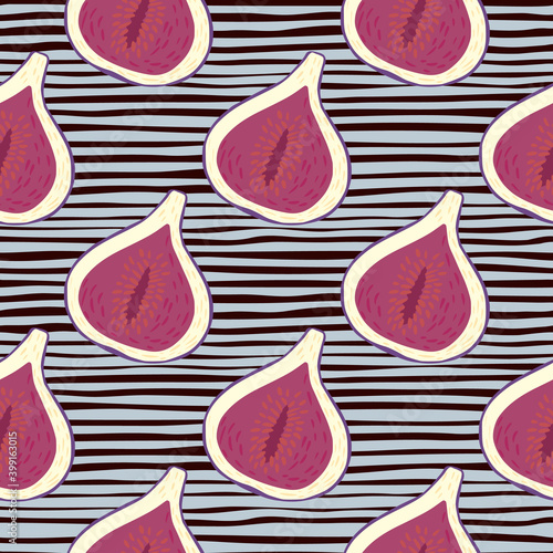 Pink and white colored fig seamless pattern. Doodle fruits ornament on striped background.