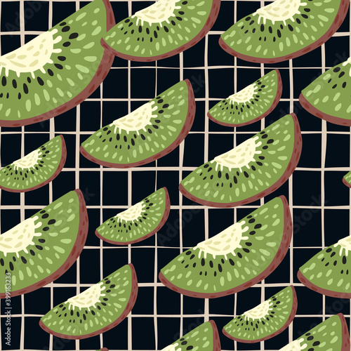 Random seamless abstract pattern with green kiwi slices elements. Black chequered background.
