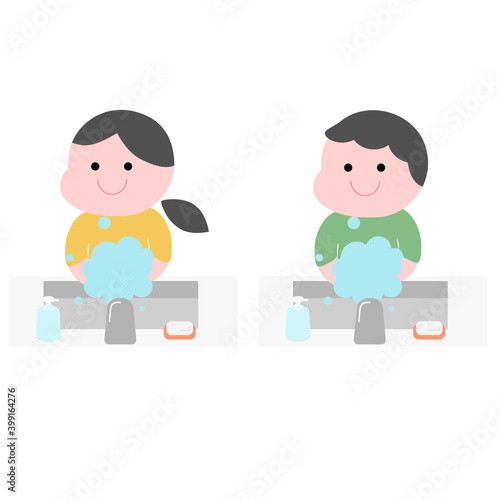 手を洗う子供達イラスト素材