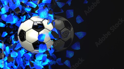 Fototapeta Naklejka Na Ścianę i Meble -  Soccer ball breaking with great force through blue illuminated wall under spot light background. 3D high quality rendering. 3D illustration.